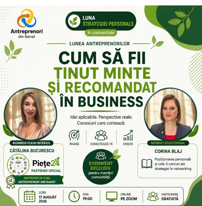 Imagine de prezentare pentru Workshop: Cum să fii ținut minte și recomandat în business | 17 august, ora 19:00