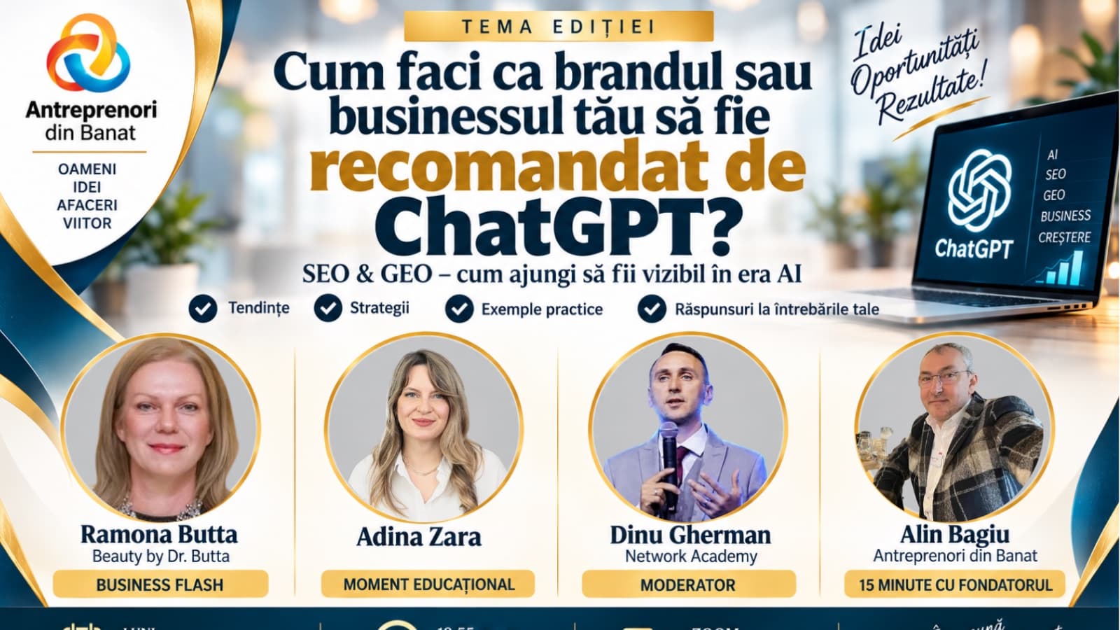 Imagine de prezentare pentru Ora Antreprenorilor – Cum faci ca brandul tău să fie recomandat de ChatGPT?